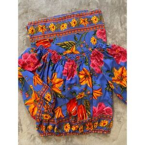 Cynthia Rowley Two Piece Set Sz S Blue Floral Off Shoulder Top Wide Leg Pants